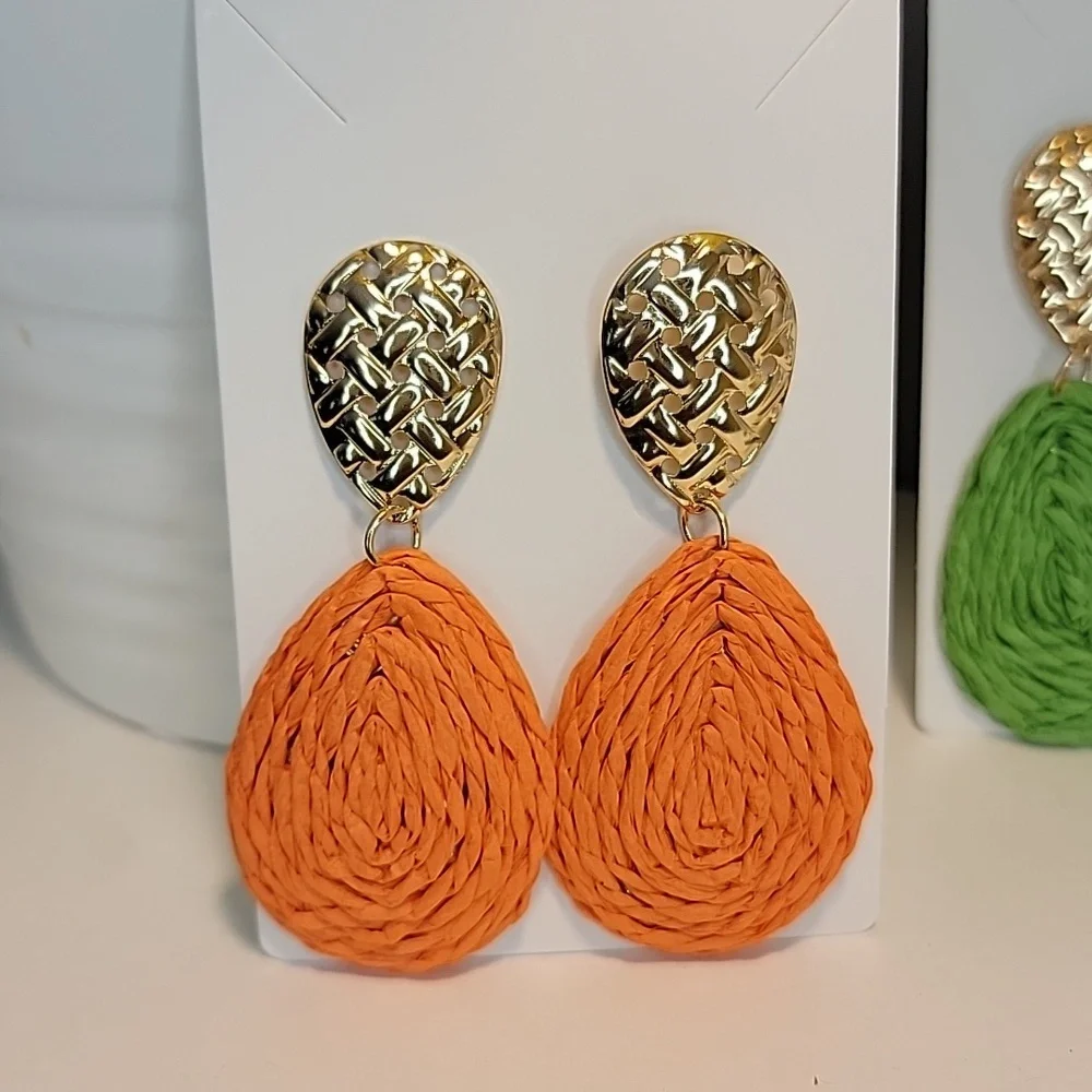 Boho Earrings Raffia Wrapped Teardrop Dangle Green Purple Orange Yellow Brown